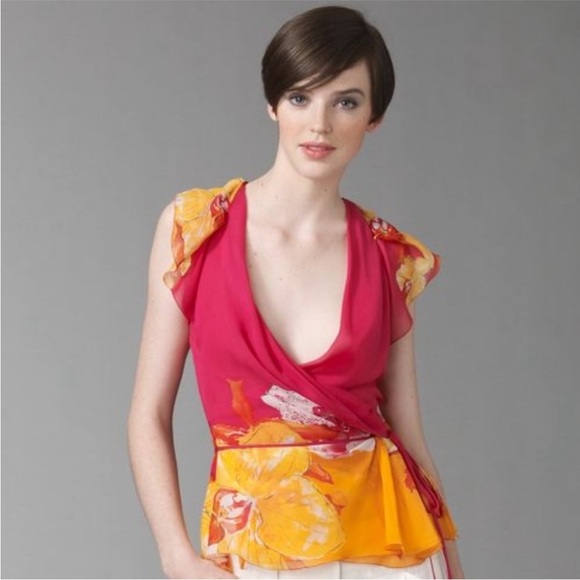 Diane von Furstenberg Size 10 Orchid Lei Blouse Ruffle Sleeve Silk Tie Wrap Top - Picture 1 of 7